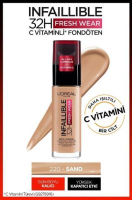 L'Oreal Paris Uzun Süre Kalıcı Fondöten - Infaillible 24H Fresh Wear 220 Sand 30 ml 3600523614479