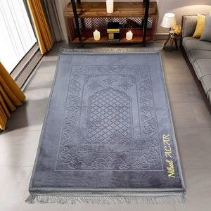 İsminizi Seccadeye Yazıyoruz Soft Yumuşak Kadife Peluş Seccade Gümüş 80 x 120 cm - 1100 gr