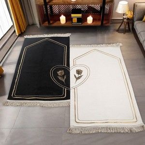 Kalbi Tamamla Eşlere Özel Çiftli Seccade Siyah Beyaz Gold İşlemeli(70*120cm330gr Tek Ürün Ölçüsü )