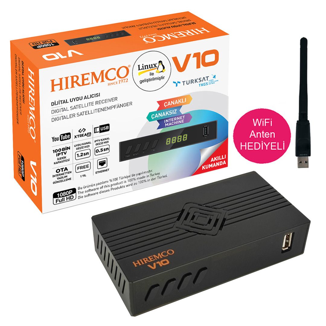  HIREMCO V10 ETHERNETLİ USB GİRİŞLİ YOUTUBE ÖZELLİKLİ LINUX TABANLI WİFİ ANTENLİ FULL HD UYDU ALICISI