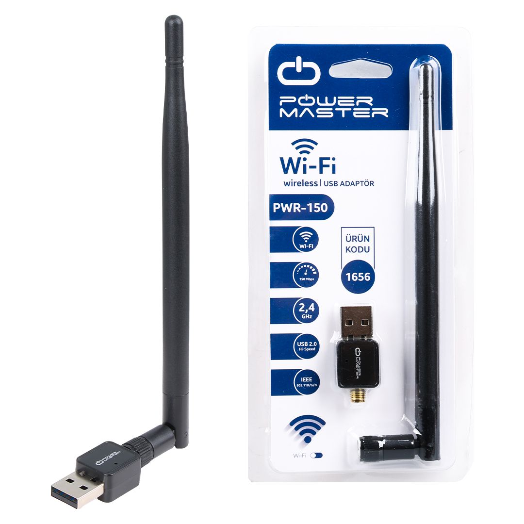  POWERMASTER PWR-150 150 MBPS 7601 İŞLEMCİLİ USB KABLOSUZ ANTENLİ WİFİ ADAPTÖR CDLİ