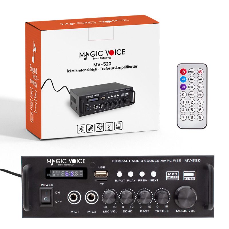  MAGICVOICE MV-520 30W USB/SD/UK BLUETOOTH EKO-2 MİK.TDA 7377 Lİ *2 GİRİŞ,UK LI 220/12V TRAFOSUZ ANFİ