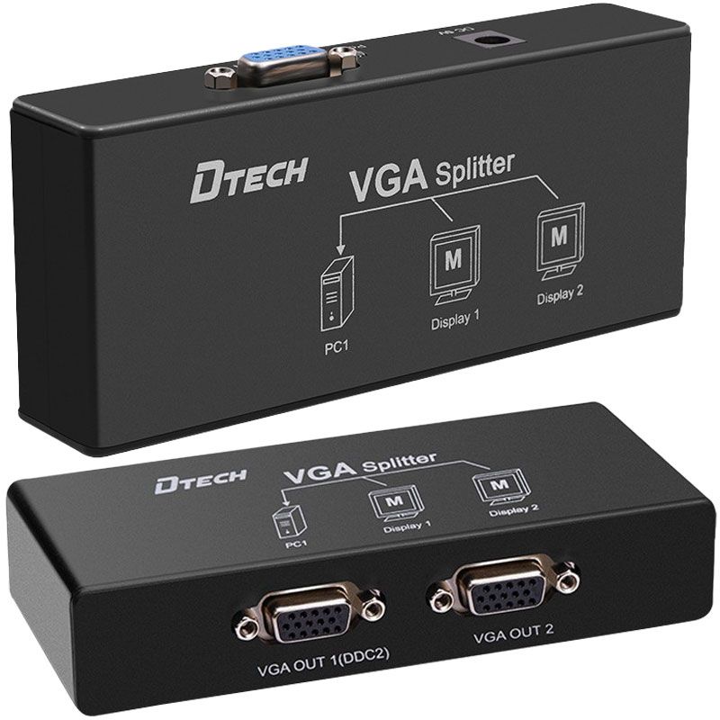  POWERMASTER DTECH DF-2502 2 PORT VGA SPLITTER DAĞITICI PLASTİK KASA (250MHZ - 1920X1080)