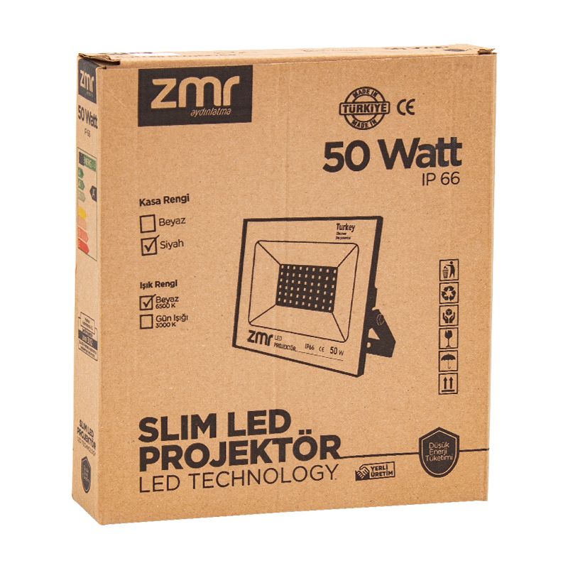  ZMR 50 WATT 6500K IP66 150* IŞIK AÇISI 220 VOLT SİYAH SLİM KASA LED PROJEKTÖR