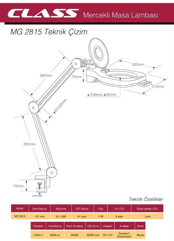 Class MG-2815 5X Mercekli LED Işıklı Masa Büyüteci #2