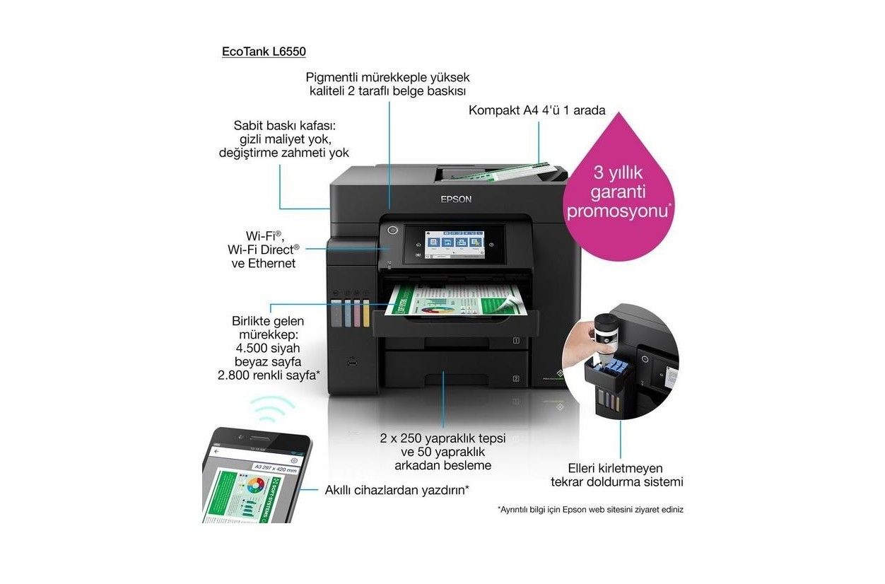 Epson L6550 Tanklı A4 WiFi Lan Çok Fonk. Renkli Ya