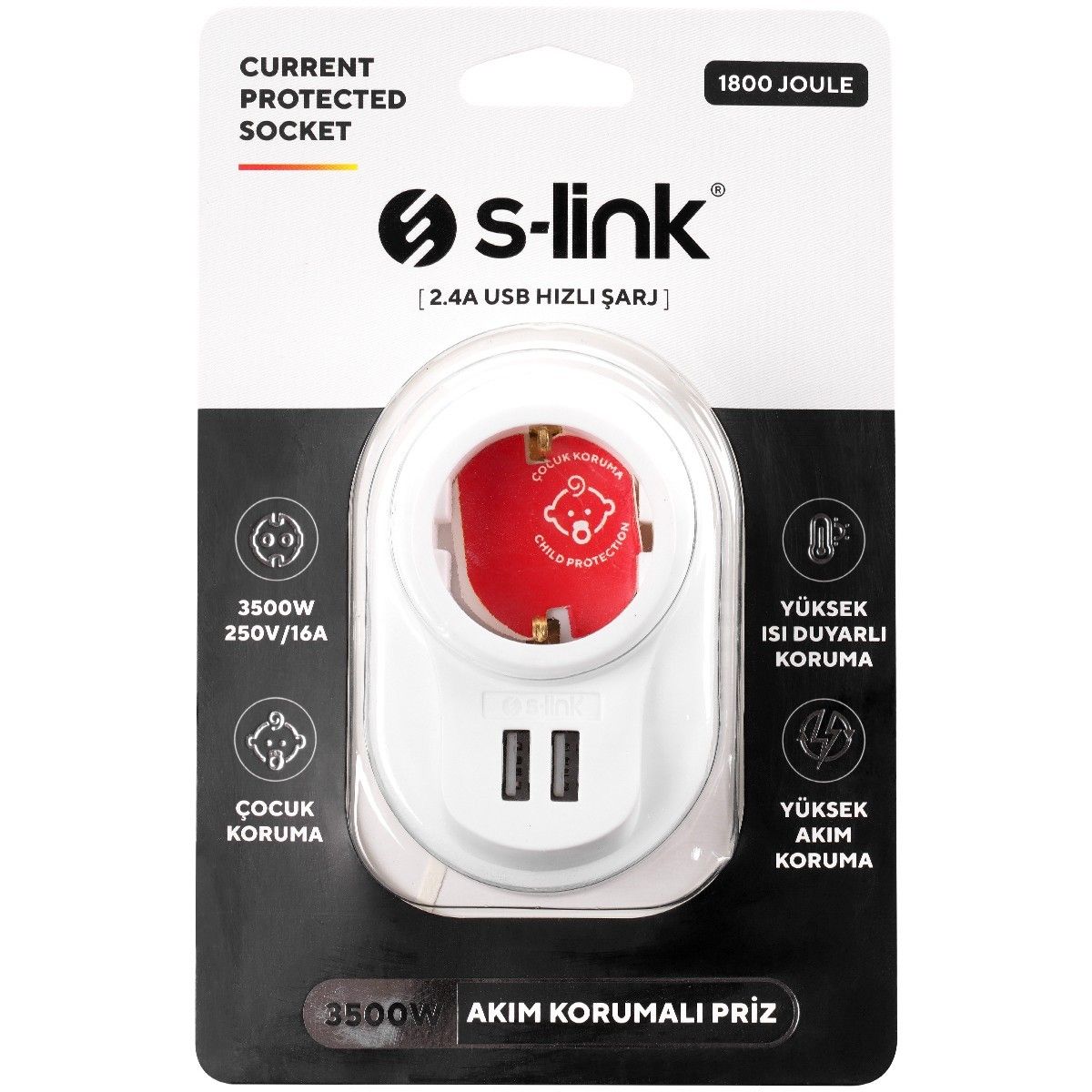 S-Link SL-09 16A 3500W 2 Usb Akım Korumalı Priz #4