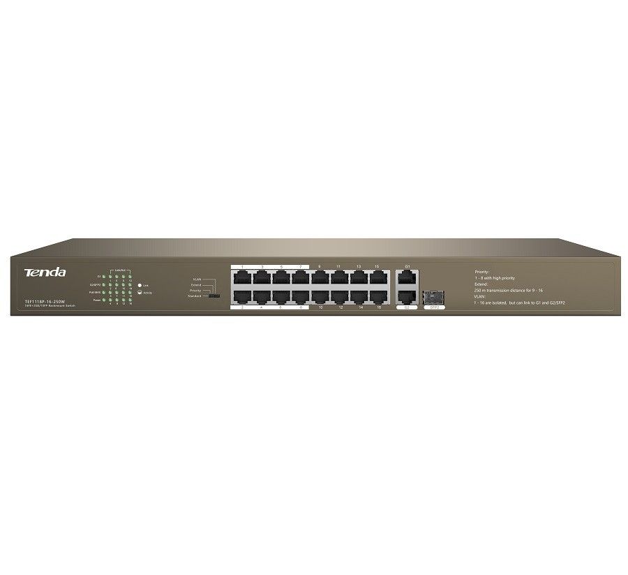 Tenda TEF1118P 16 Port 10/100 PoE 150W  2 GB 1 SFP