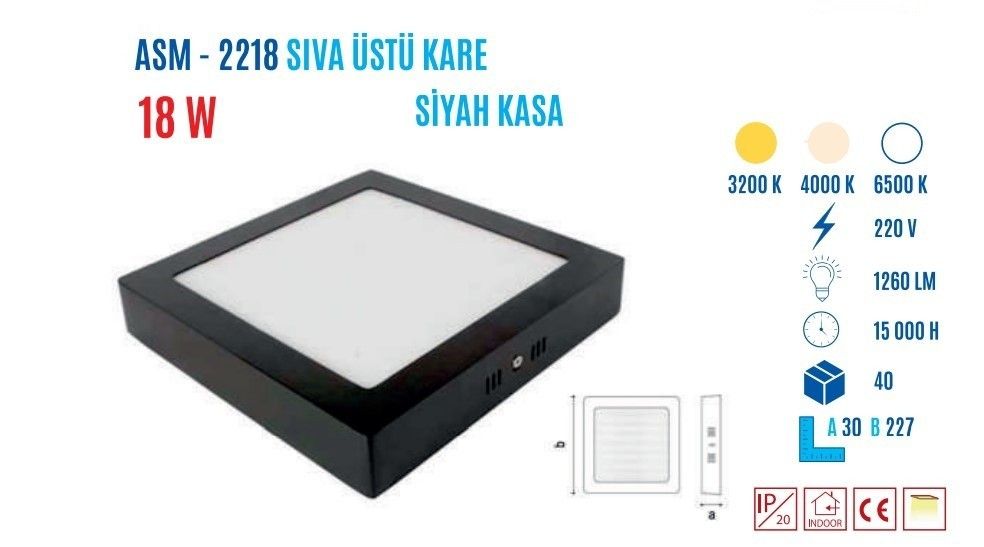 YCL ASM-2218B 18W S.üstü Kare Led Panel Beyaz