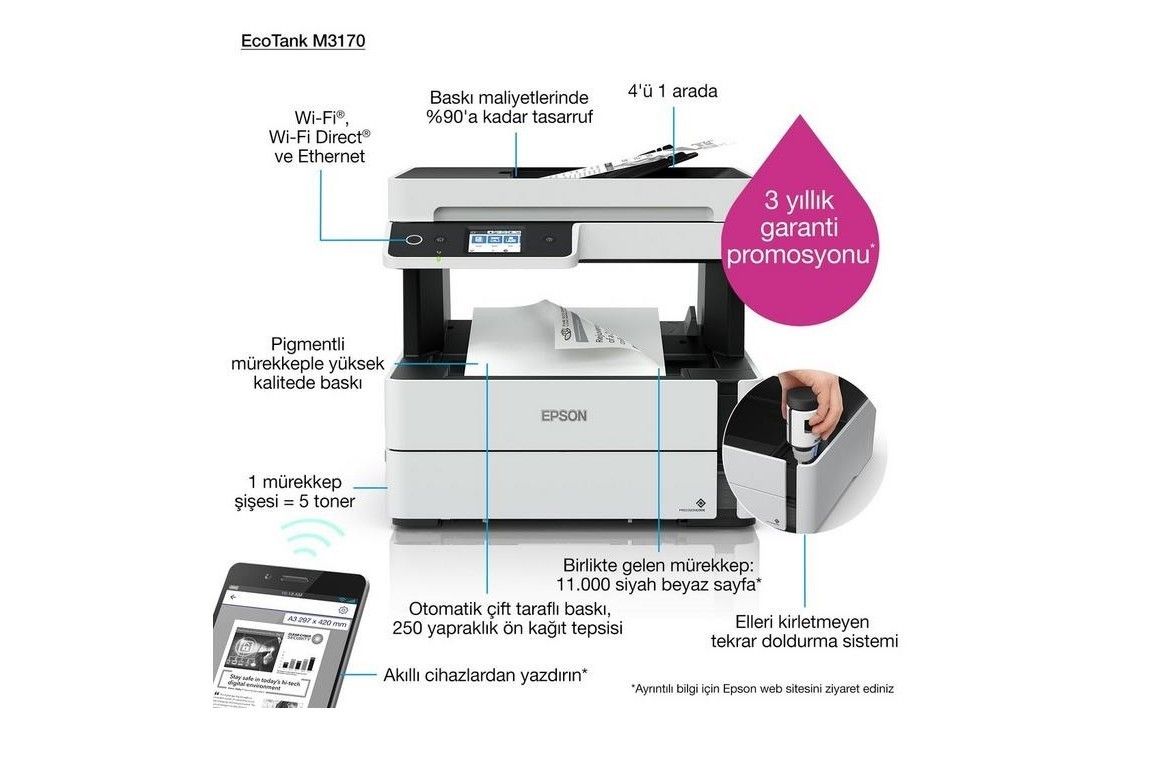 Epson M3170 Tanklı WiFi A4 Çok Fonk. Mono Yazıcı #3