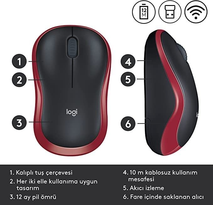 Logitech M185 Kablosuz Kırmızı Mouse #3