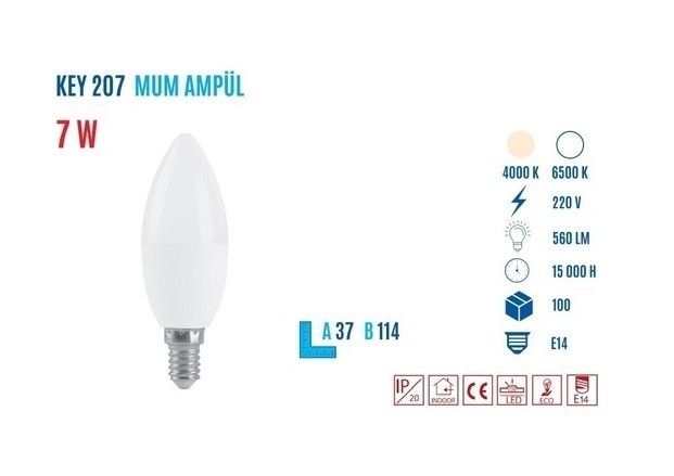 YCL KEY-207B E14 7W 560 Lumen Mum Led Ampul Beyaz #2