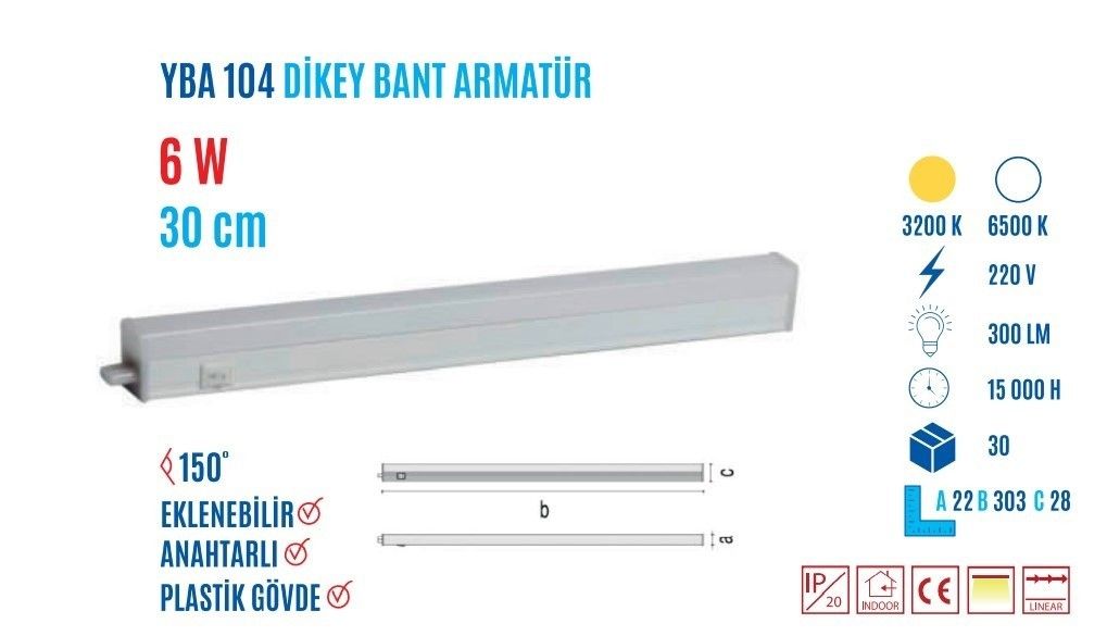 YCL YBA-104B 6W 30cm Beyaz Led Bant Armatür #2