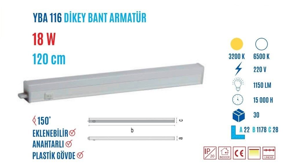 YCL YBA-116B 18W 120cm Beyaz Led Bant Armatür #2