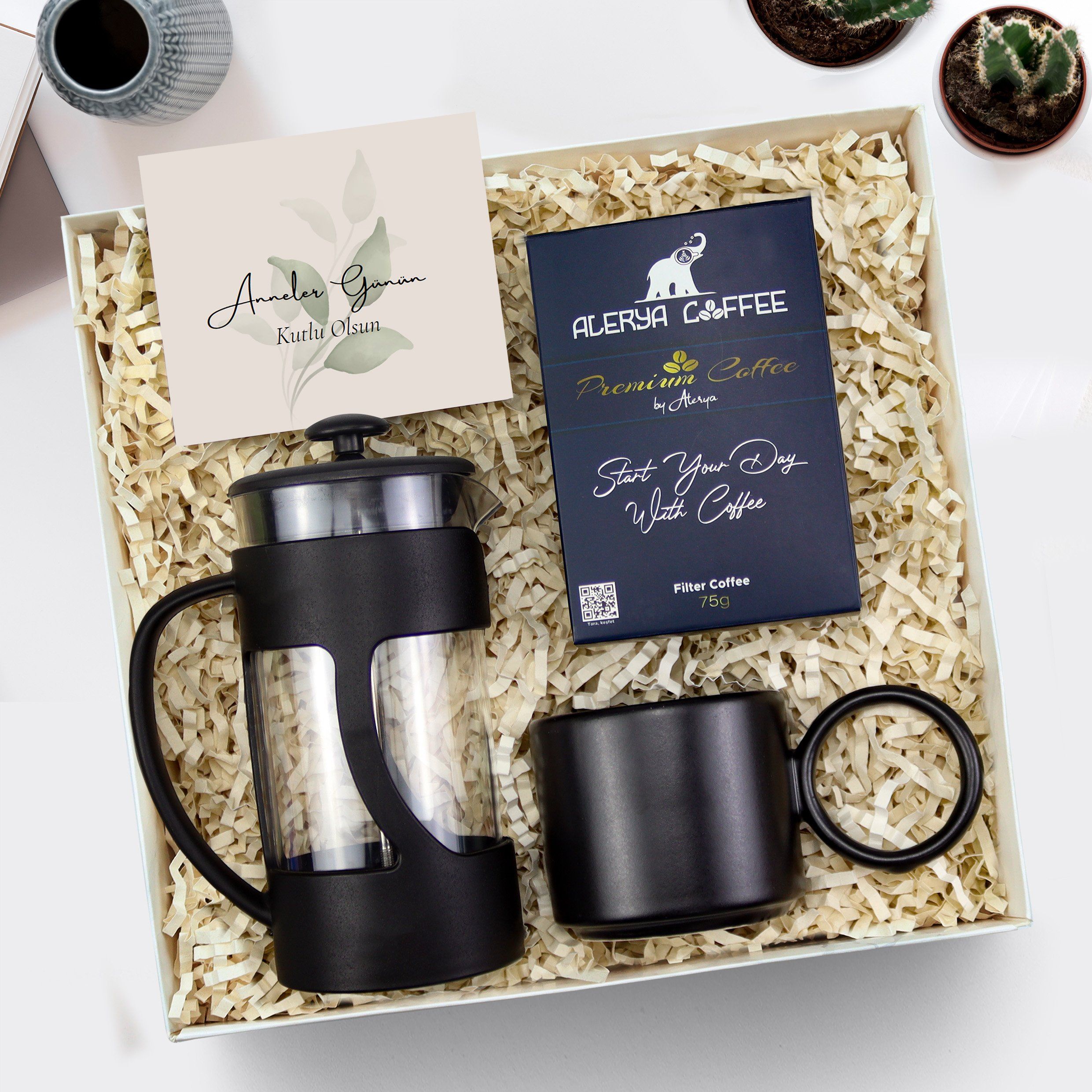 Özel Tasarım Siyah Halka Kulplu Seramik Kupa & Alerya Premium Filtre Kahve & Siyah French Press Anneler Günü Hediye Seti