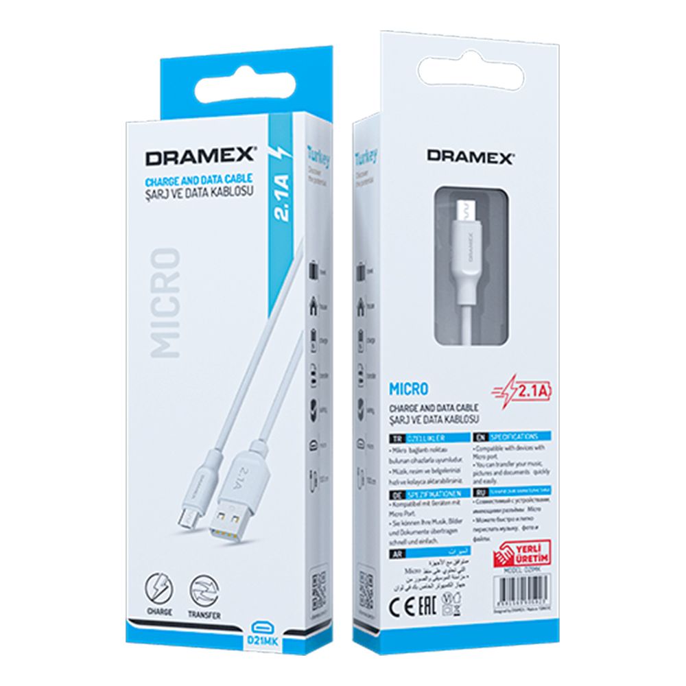 Dramex D21MK Micro USB Data/Şarj Kablosu 2.1A 1mt Beyaz