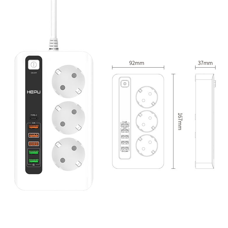 HEPU HP-H03 6x USB 3lü 2mt Kablolu Akım Korumalı Priz 10A-3000W