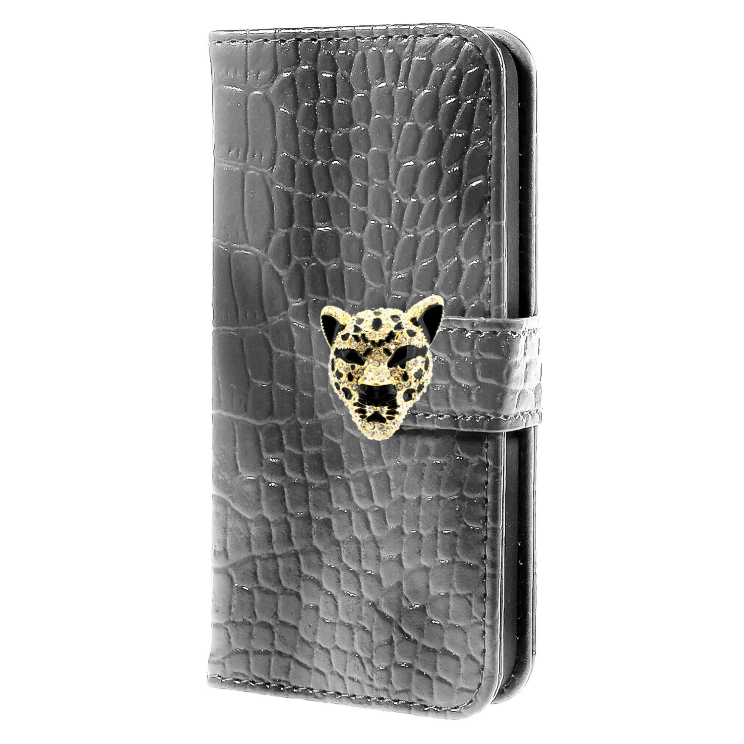 iPhone 4s Leopar Taşlı Cüzdanlı Kılıf Gri