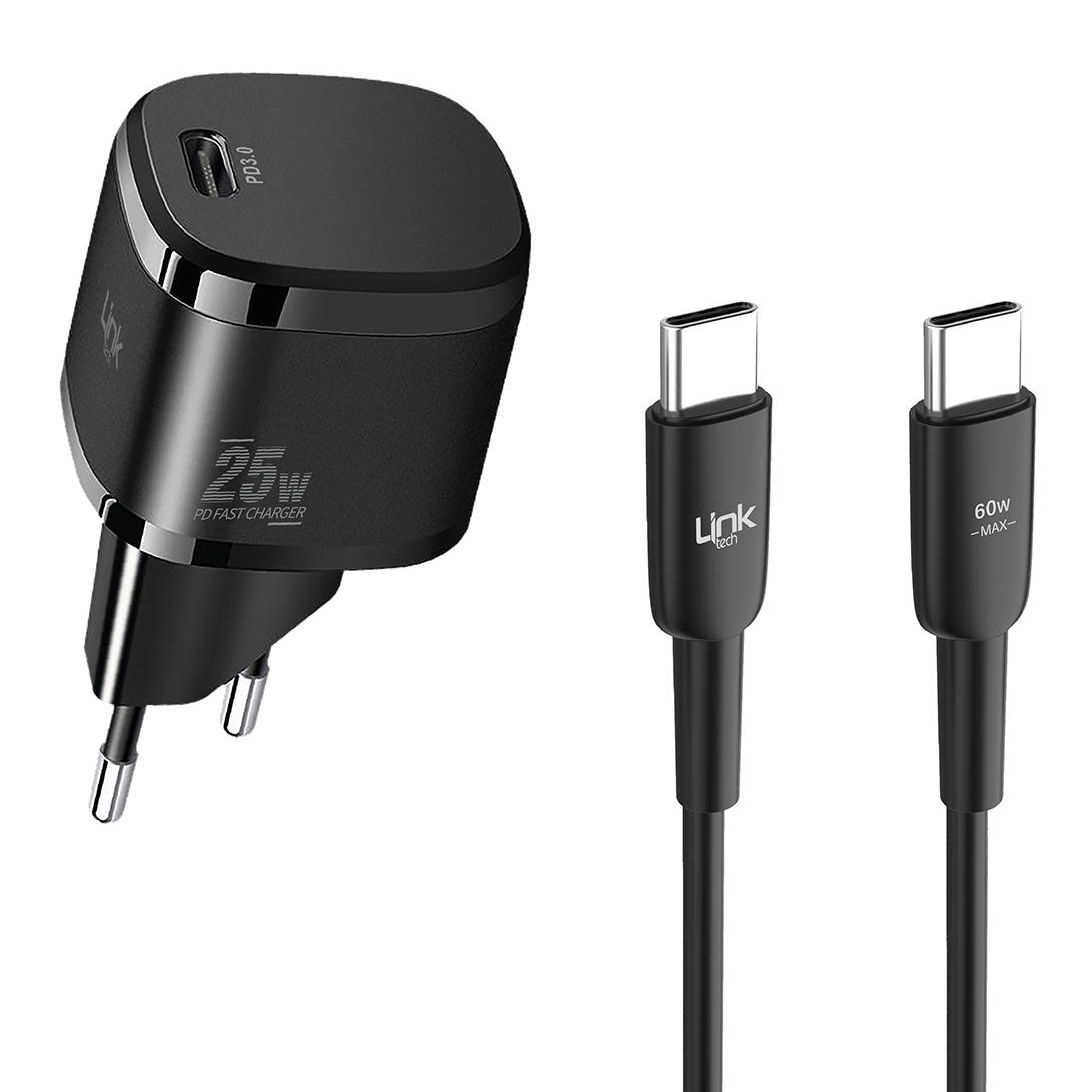 Linktech G826 Supper Silicon Tech 25W PD USB-C Şarj Aleti Type-C Kablo Set Siyah