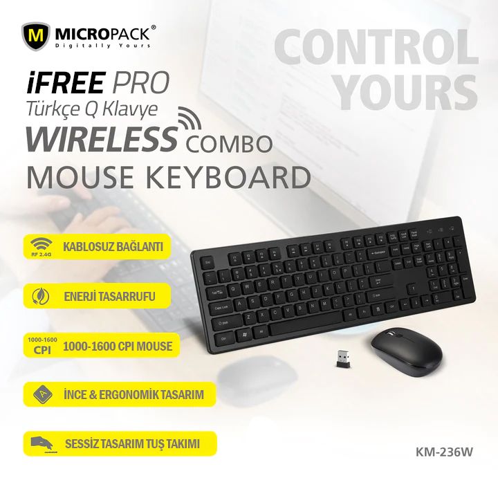 MICROPACK KM-236W iFree Pro Kablosuz 2.4GHz Türkçe Q Klavye Mouse Set