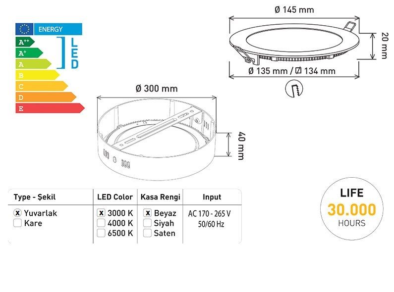 Powermaster 16118 Slim LED Panel Spot 15W 3000K Günışığı Sıva Altı