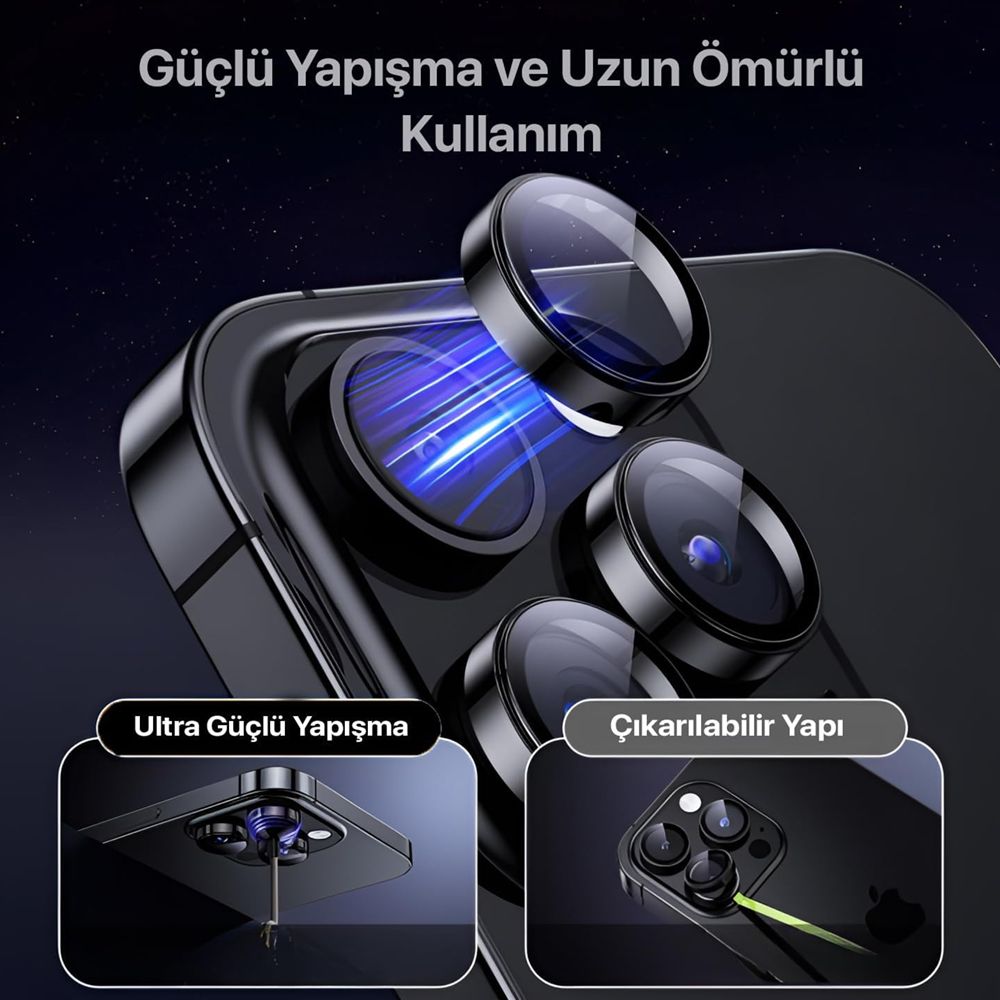 Shaza iPhone 15 Pro / iPhone 15 Pro Max Safir Kamera Lens Koruyucu 3lü Set