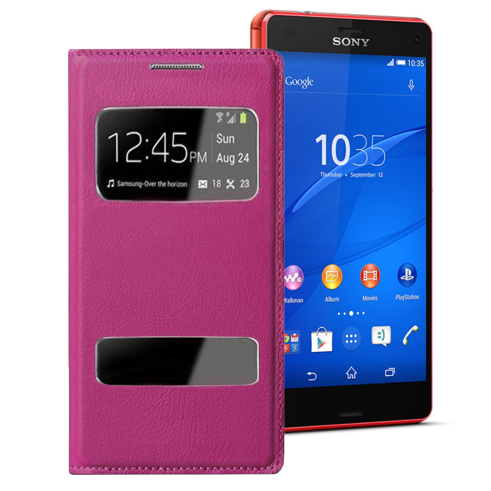 Sony Xperia Z3 Mini S View Dikişli Deri Çift Pencereli Kılıf Kırmızı