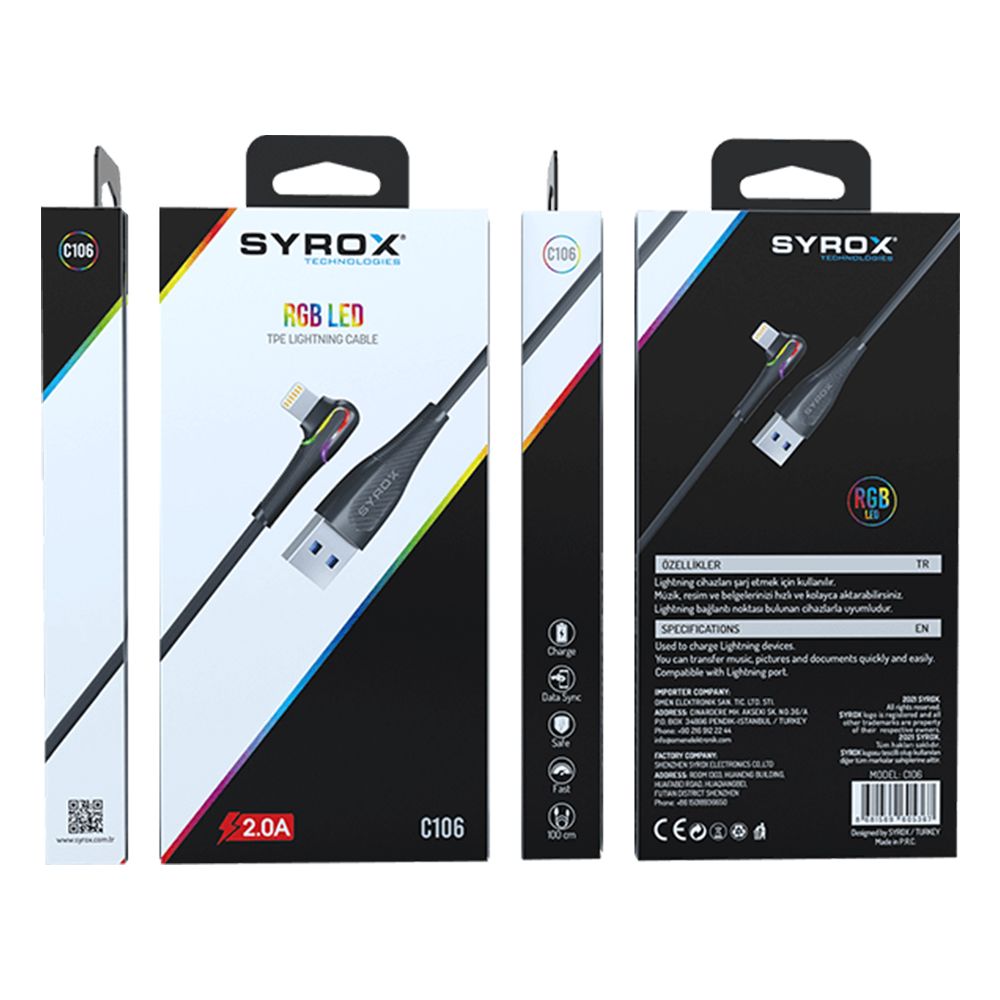 Syrox C106 Lightning 90 Derece RGB Led 1mt 2A Data/Şarj Kablosu Siyah