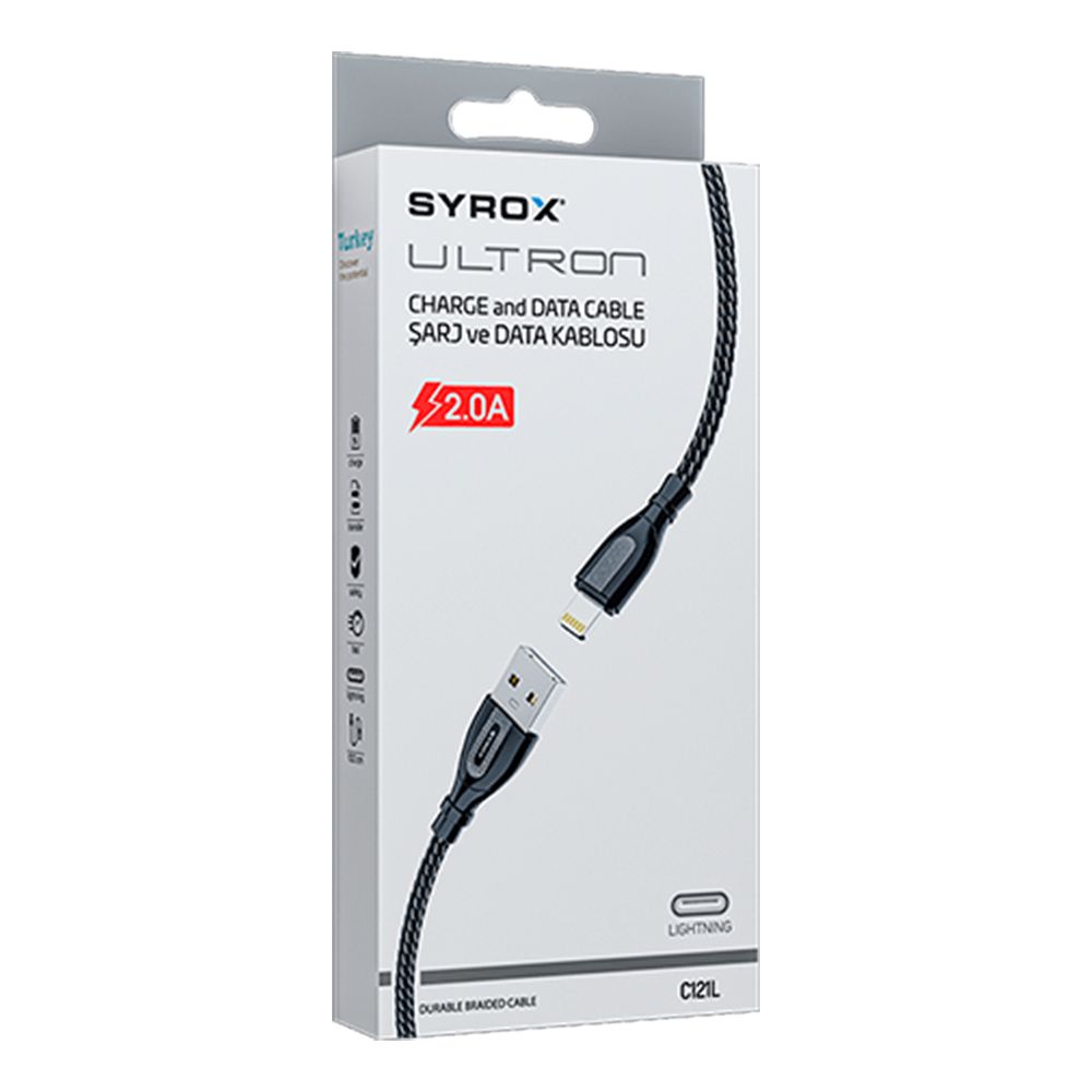 Syrox C121L Ultron Metal Lightning Örgü Data/Şarj Kablosu 2.0A 1mt Siyah