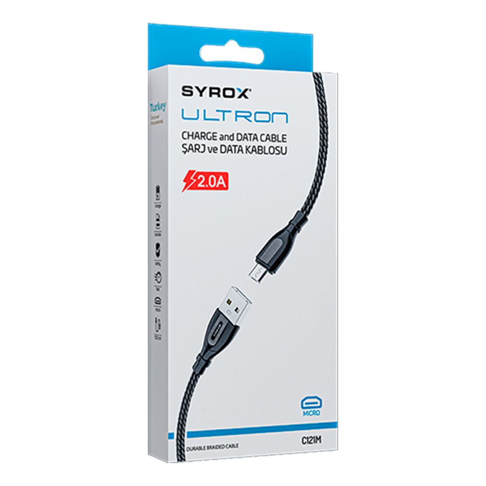 Syrox C121M Ultron Metal Örgü Micro USB Data/Şarj Kablosu 2.0A 1mt Siyah