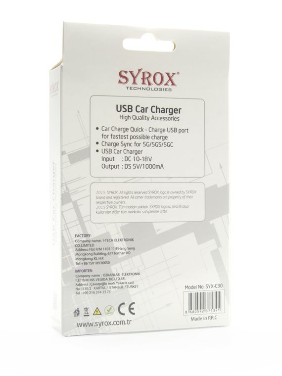 Syrox C30 Araç Şarj Aleti iPhone Lightning Kablo Set 1.0A Siyah