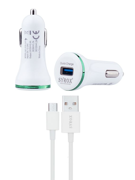 Syrox C47 Araç Şarj Aleti Micro USB Kablo Set 2.4A Beyaz