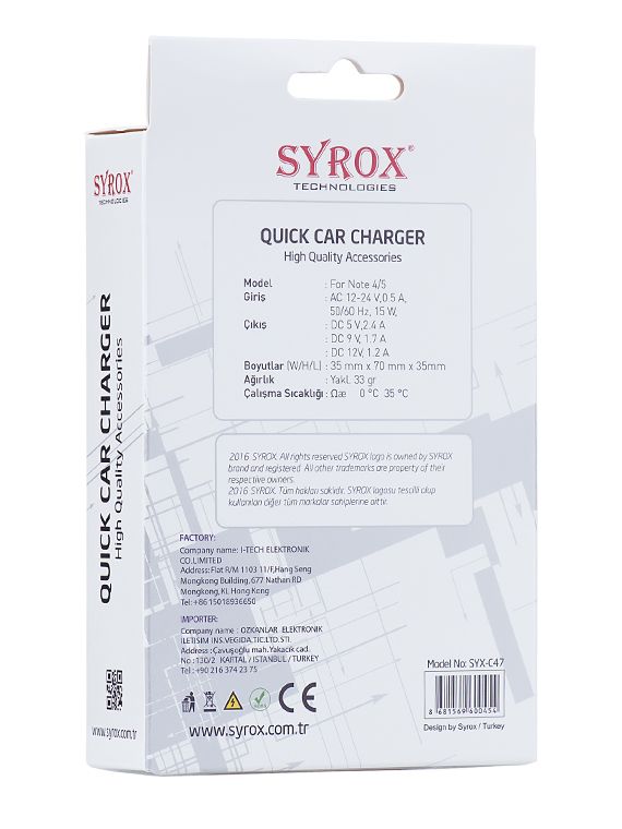 Syrox C47 Araç Şarj Aleti Micro USB Kablo Set 2.4A Beyaz