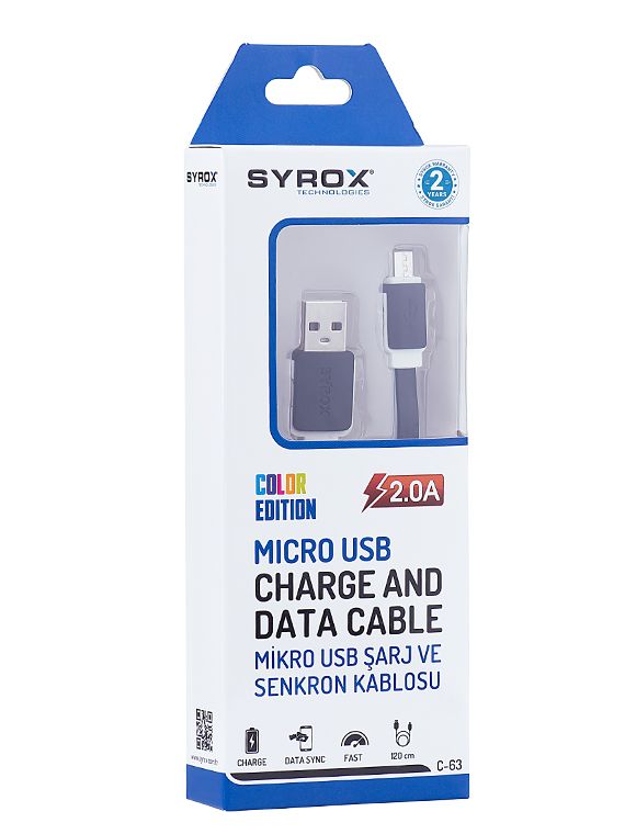 Syrox C63 Micro USB Şarj ve USB Data Kablosu Yassı 2.0A 1.2mt Siyah