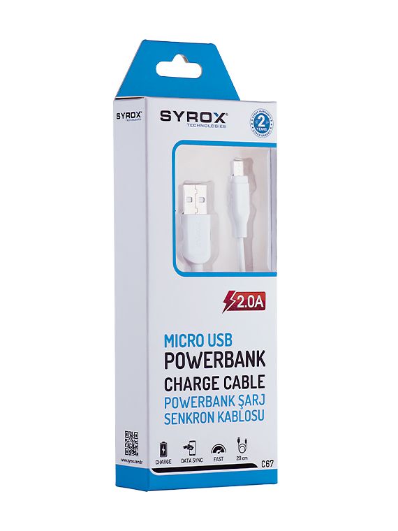 Syrox C67 Micro USB - USB Kısa Şarj Kablosu 2A 20cm - Beyaz