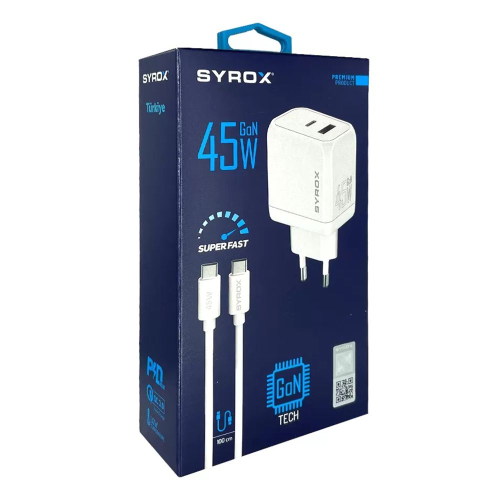 Syrox GAN45T SuperFast 45W USB 3.0 + PD GaN Type-C to Type-C Kablolu Şarj Aleti