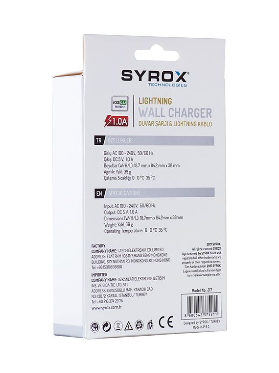 Syrox J17 iPhone Lightning Kablolu Şarj Aleti Set 1.0A Beyaz