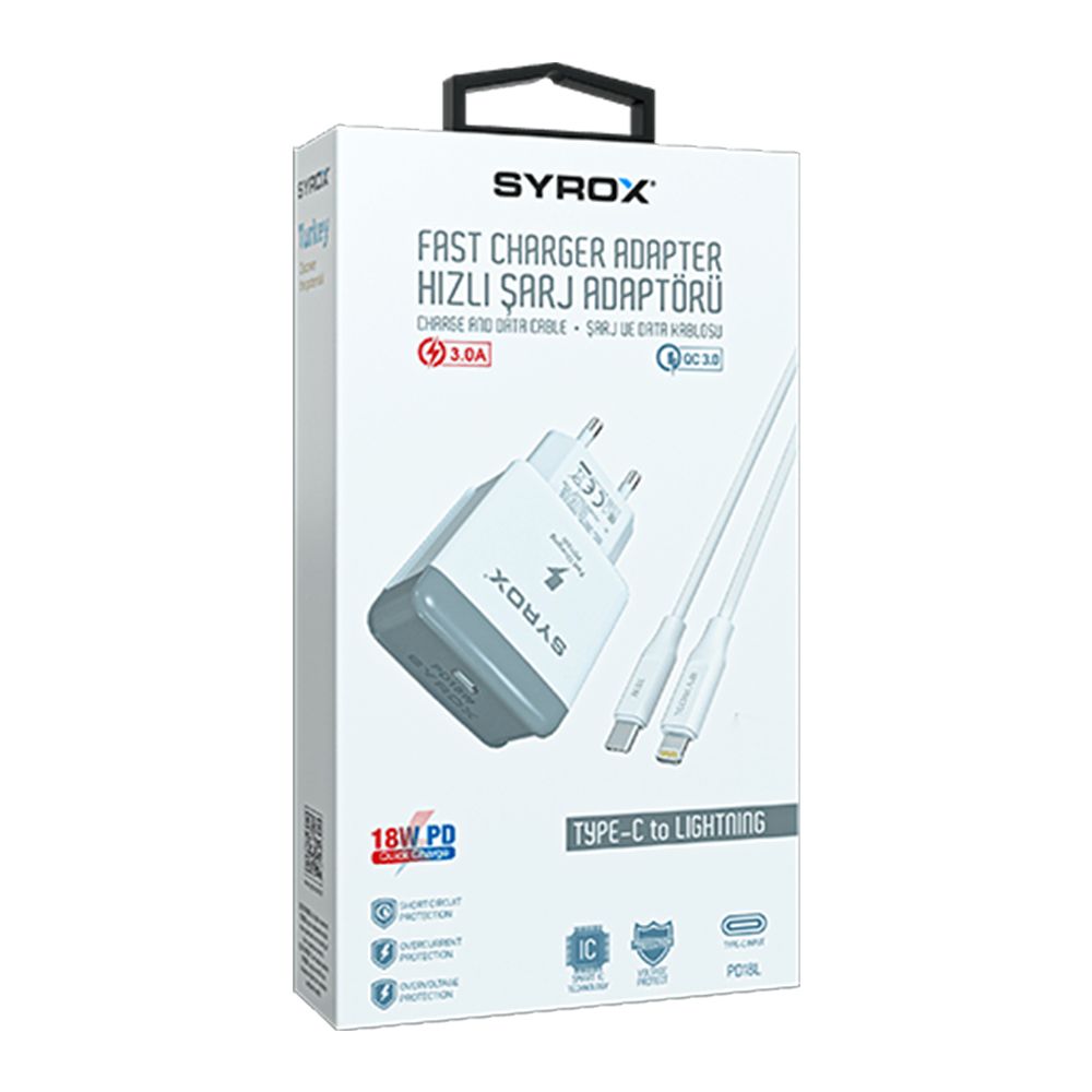 Syrox PD18L Type-C to Lightning Kablolu 18W PD 3A Hızlı Şarj Aleti Set