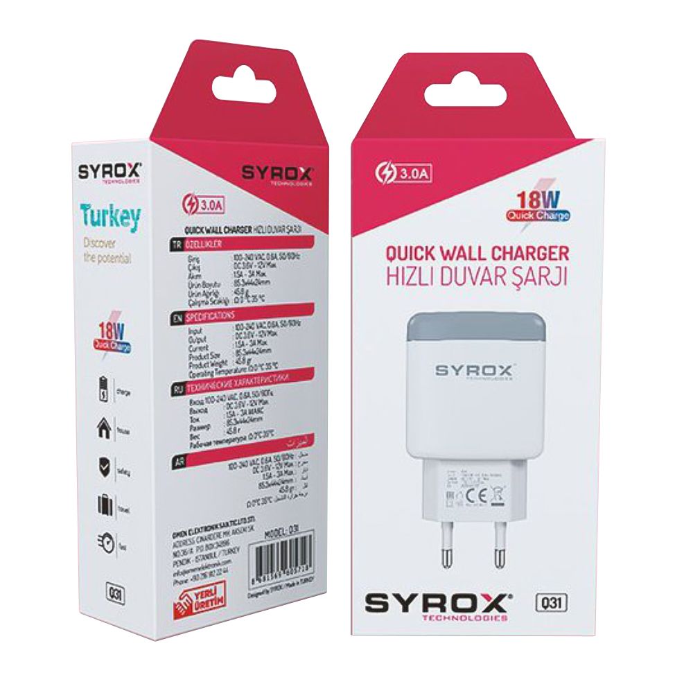 Syrox Q31 Hızlı Şarj Adaptörü (Başlık) 3.0A 18W Beyaz