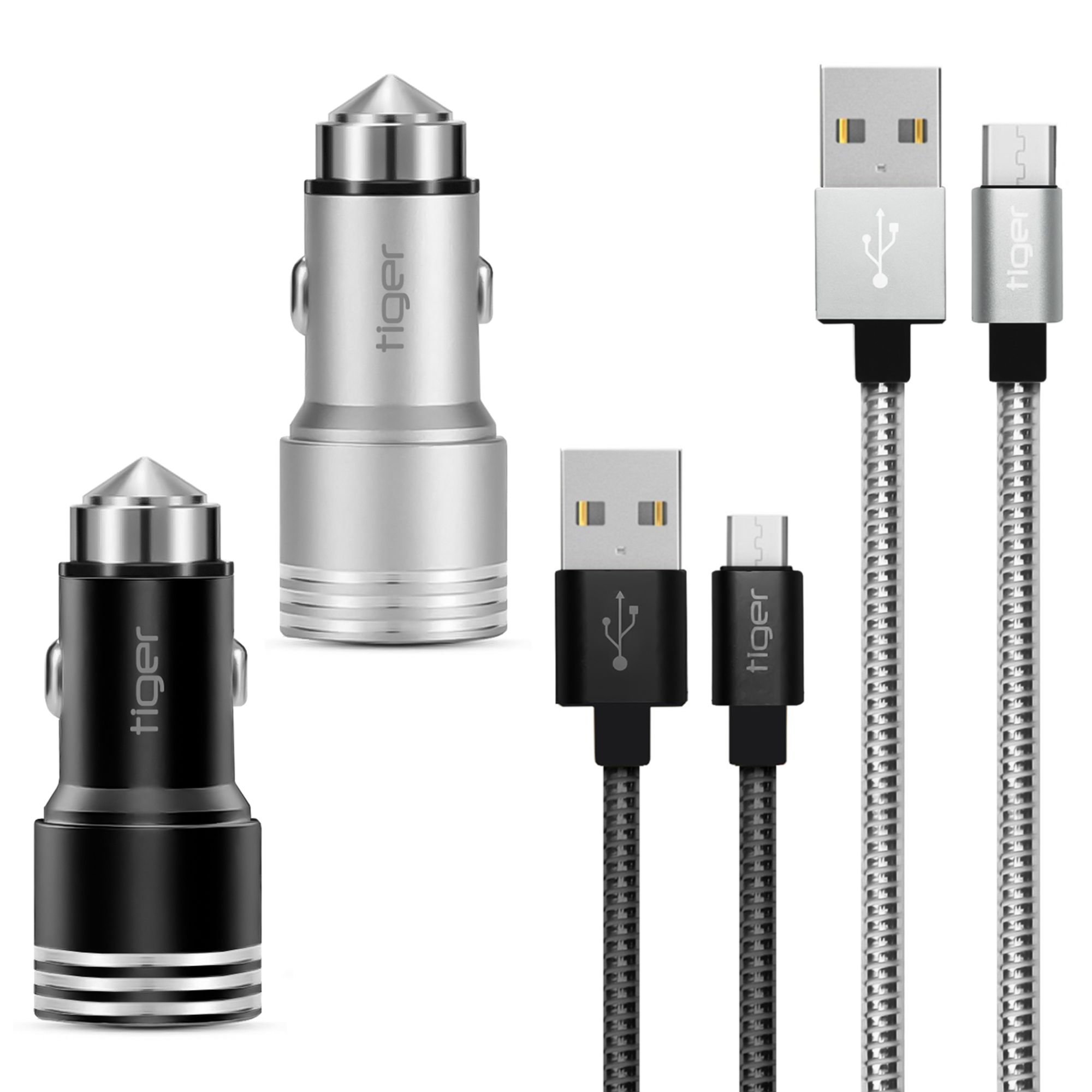 Tiger Metal Oto-Araç Şarj Aleti + Micro USB Hızlı Kablo 2.4A Çift USB  NT-014-M