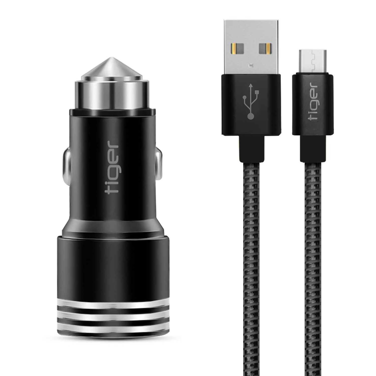 Tiger Metal Oto-Araç Şarj Aleti + Micro USB Hızlı Kablo 2.4A Çift USB  NT-014-M