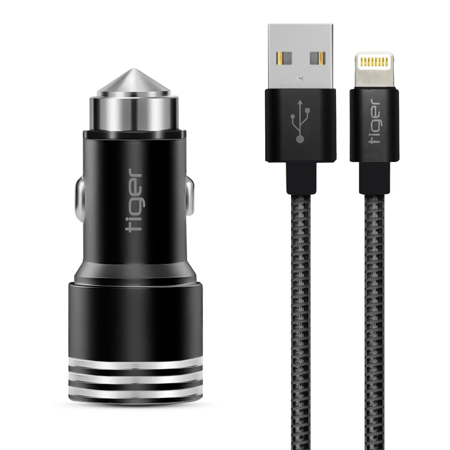 Tiger Metal Oto-Araç Şarj Aleti + Lightning Hızlı Kablo 2.4A Çift USB NT-014-L