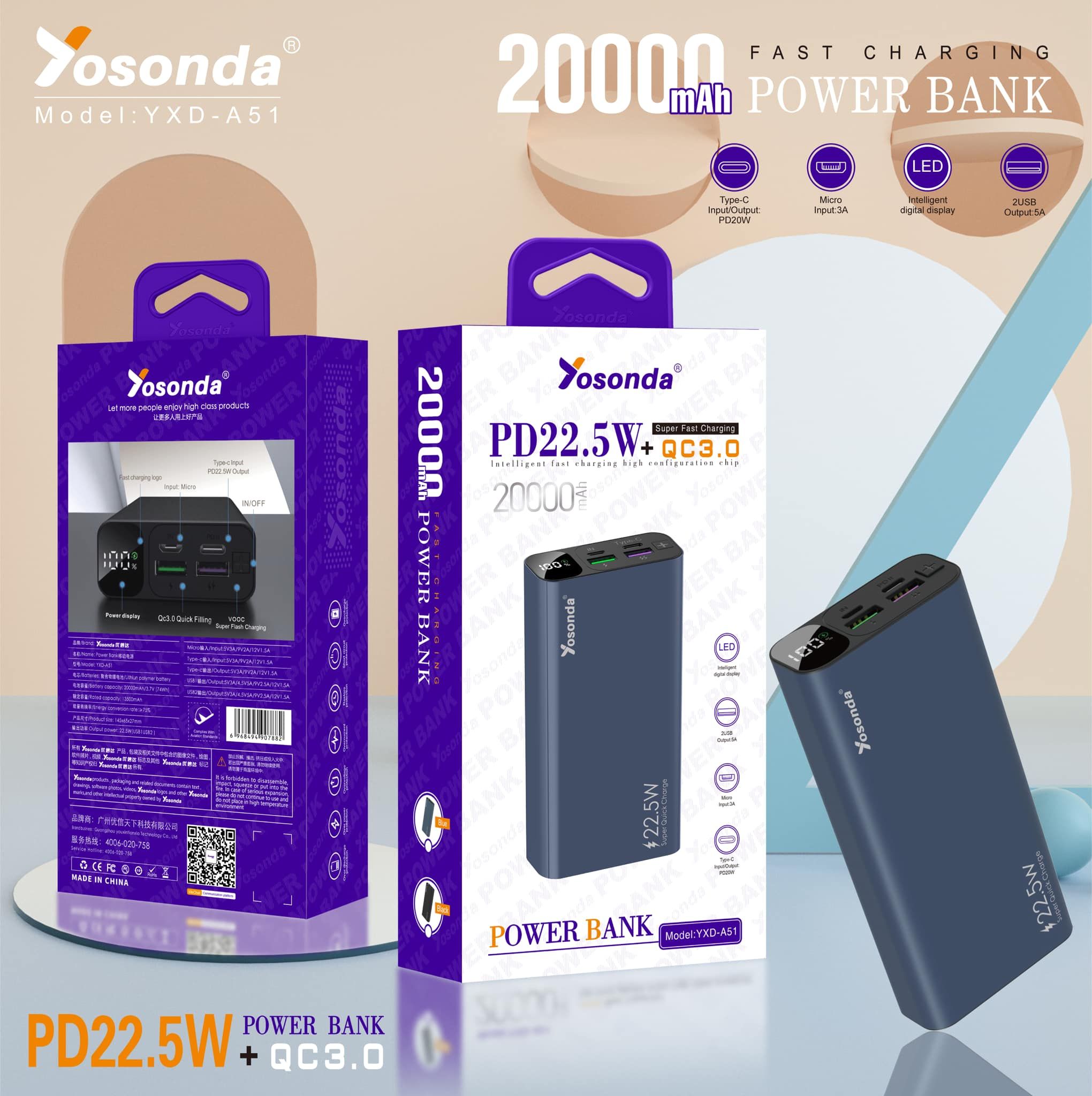 Yosonda A51 22.5W 20000 mAh QC3.0 Led Ekranlı Powerbank